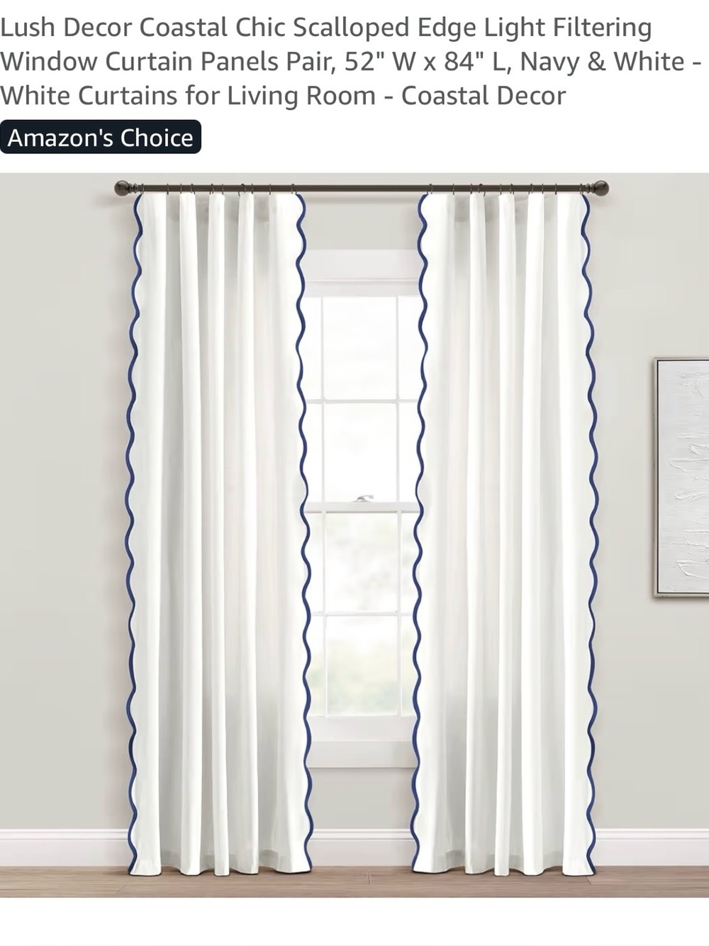 Lush Decor Scalloped Window Curtain Panels 52" W x 84" L, Navy & White LIKE NEW